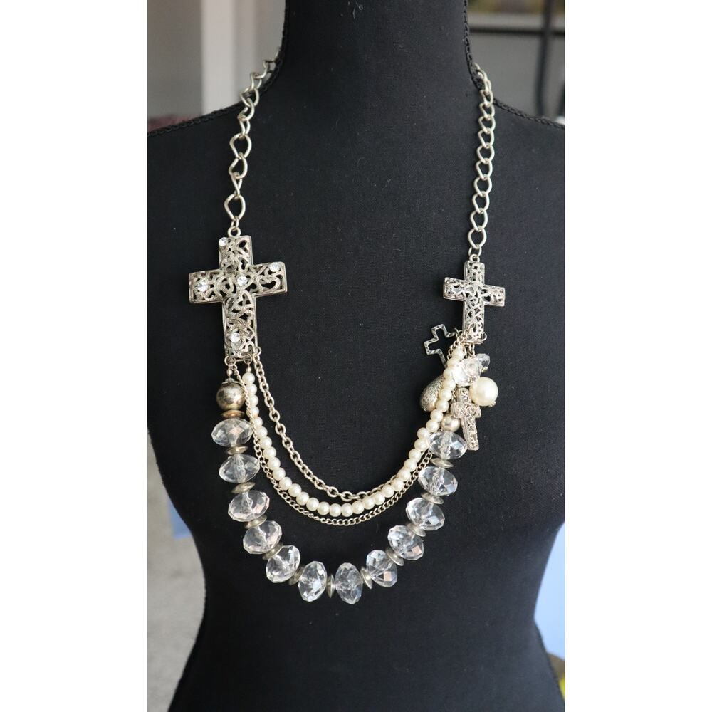 Vintage Y2K Sterling Silver Heart Cross Layered Necklace Clear Crystals Pearls